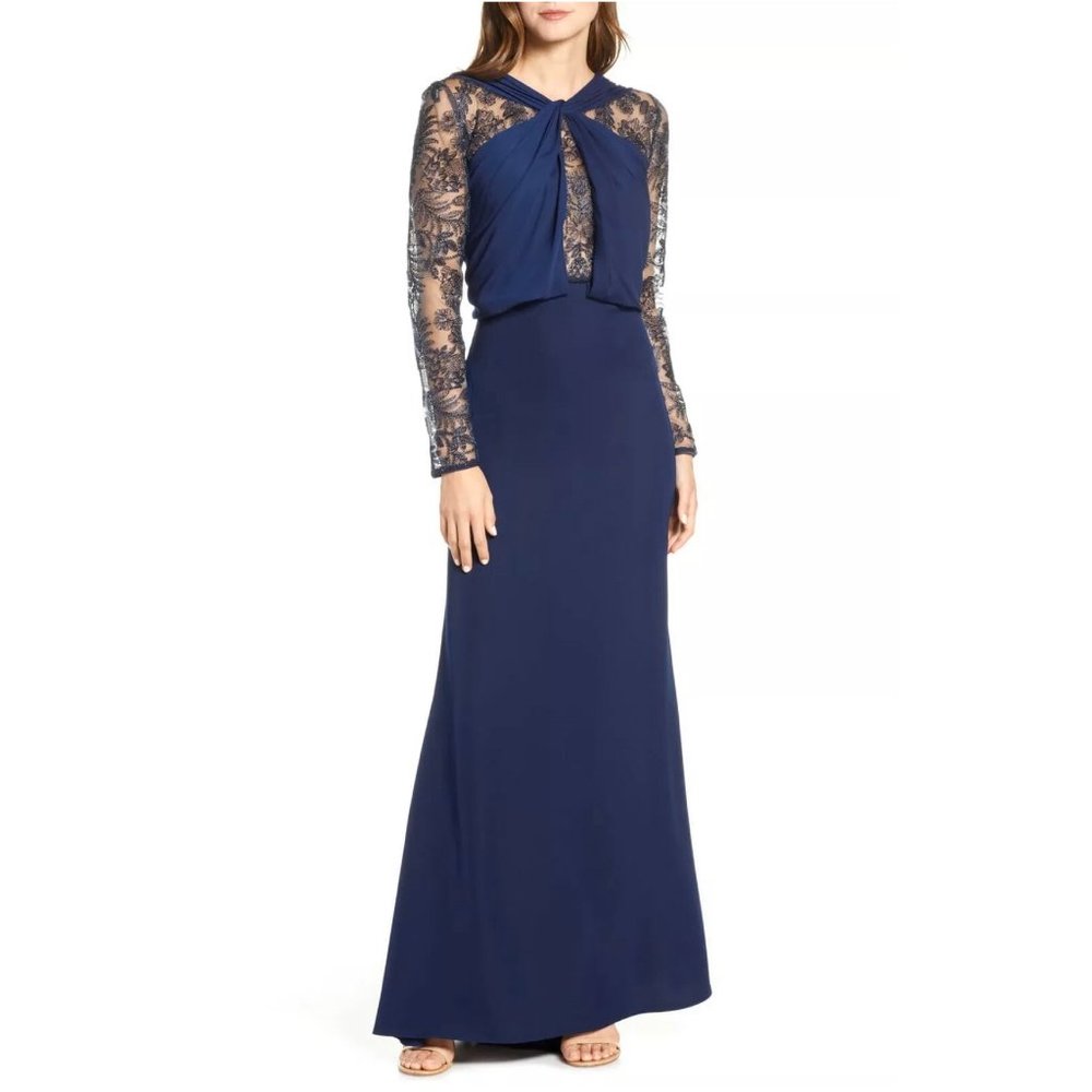 Tadashi Shoji Mesh & Crepe Long Sleeve Gown, Size 12
